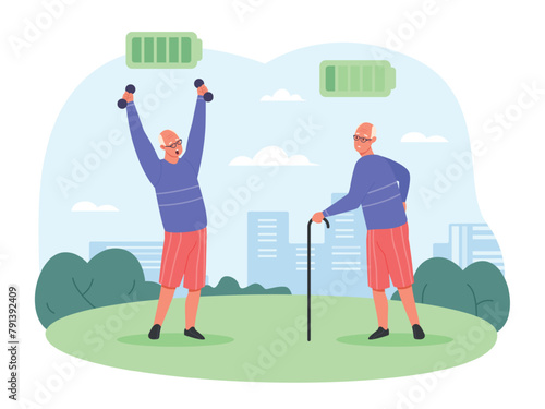 Elderly man energy. Tired weak sleeping senior and active old grandpa sport exercising, full or low lack power battery grandfather tiredness issues male old men vector illustration