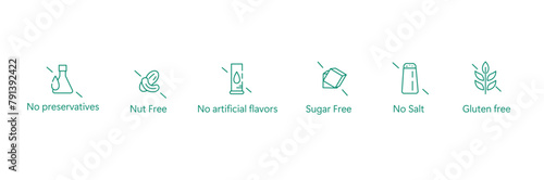 Pure and Safe Food Icon: No Preservatives, Nut-Free, No Artificial Flavors, Sugar-Free, Salt-Free, Gluten-Free Vector Design