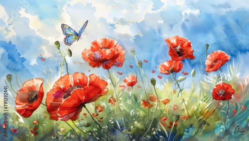 Beautiful watercolor painting of red poppies and a butterfly on the meadow