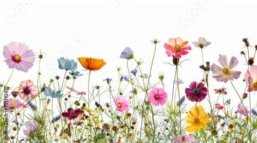 Wallpaper Mural Flat lay view of various pressed colorful flowers and green leaves artistically arranged on a clean white background, perfect for crafting and decor. Torontodigital.ca