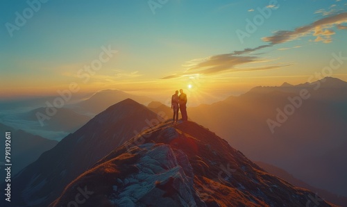 Two people standing on top of a mountain at sunset. Generative AI. © serg3d