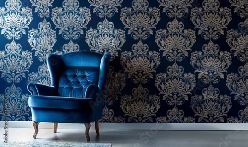 Casual casual blue armchair in front of a modern damask wallpaper, Generative AI