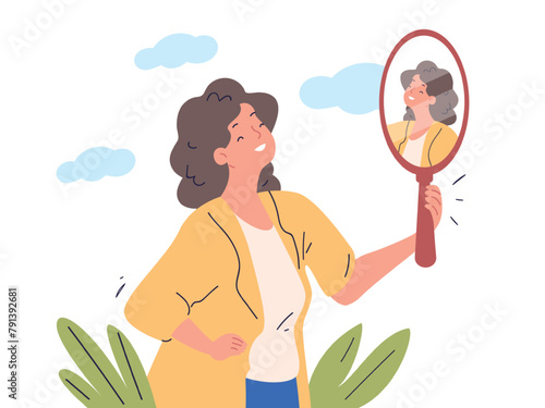 Mirror self awareness. Satisfied smile woman look reflection, know himself acceptance love expression cute girl think yourself knowledge affirmation concept vector illustration