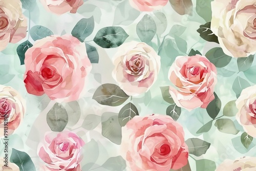 Elegant seamless watercolor rose pattern in soft pastel colors.