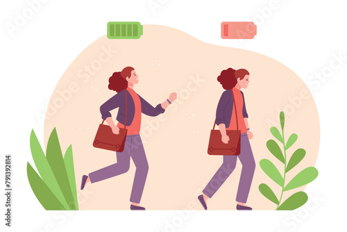 Woman vital energy. Tired or energetic female office clerk, health life power level full low battery work motivation bored sad girl burnout worker need rest vector illustration