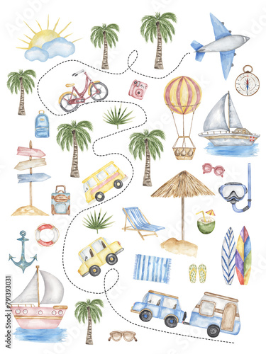 Watercolor Educational travel ABC poster with elements and objects. Cute home School illustration with transport: car, ship, wagon, bus, yacht,plane, bicycle, air ballon.