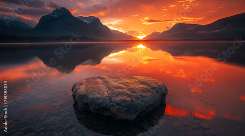 Un rocher en forme de cœur placé sur la rive d'un lac au lever du soleil, avec des montagnes et des reflets dans l'eau. Le ciel est peint en rouge comme le soleil couchant.