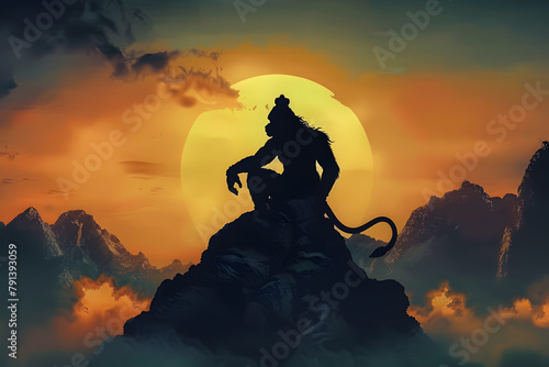 Watercolor illustration of a strong hanuman silhouette on mountain top. © john