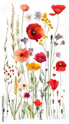 Wallpaper Mural Flat lay view of various pressed colorful flowers and green leaves artistically arranged on a clean white background, perfect for crafting and decor. Torontodigital.ca