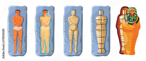 Mummification process. Painting egyptian ancient mummy in pharaoh sarcophagus, embalming bury dead ritual egypt religion, history death tutankhamun, recent vector illustration