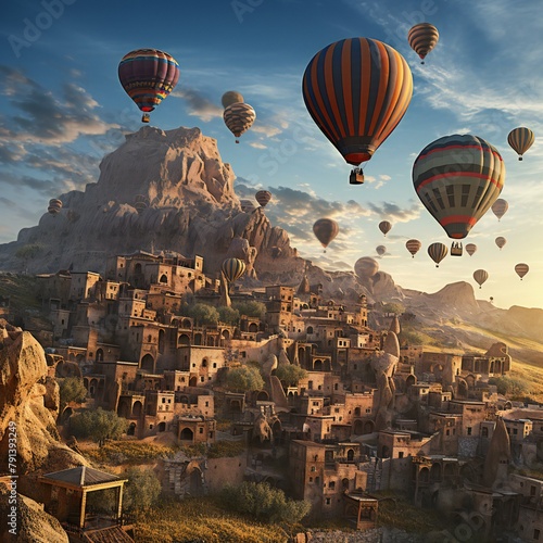 Hot air balloons flying over ancient city of Goreme, rendering