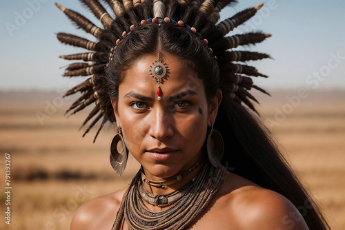 Portrait of a female native American Indian with feather roach headdress. A tribal chieftain's daughter wearing feathered war bonnet. A fantasy tribal warrior princess with war hat tribe headgear. photo