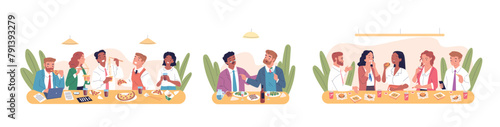 Colleagues office lunch. Friendly employees eating sandwich breakfast at company kitchen, entrepreneur worker eat business dinner meal in city restaurant classy vector illustration © ssstocker