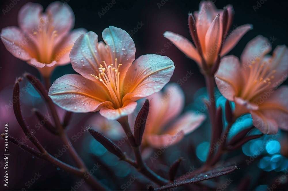 A close up of a bunch of flowers with water droplets on them. Generative AI.
