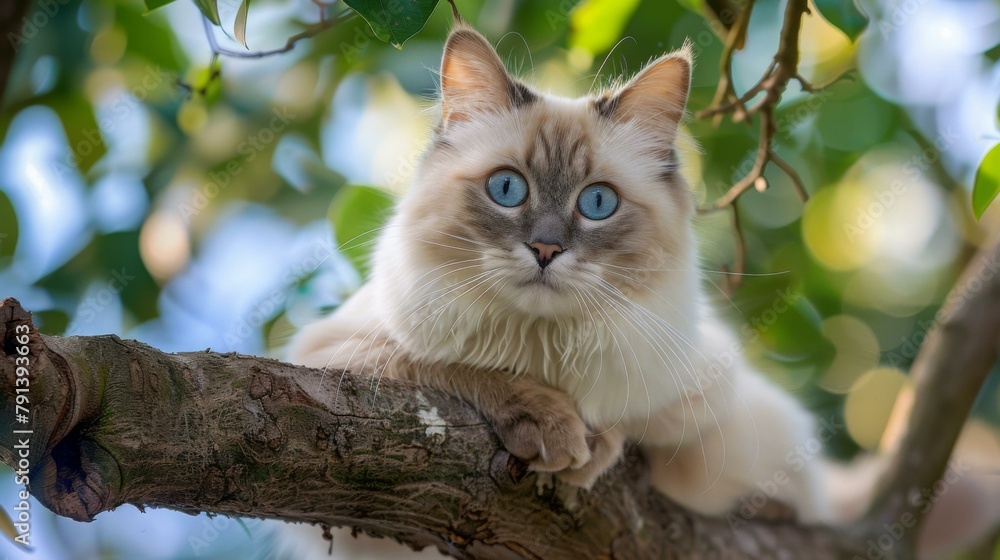 A cat with blue eyes sitting on a tree branch. Generative AI. A cat with blue eyes sitting on a tree branch. Generative AI.