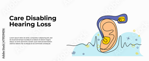 Vector illustration of ear using aids. Modern flat in continuous line style.