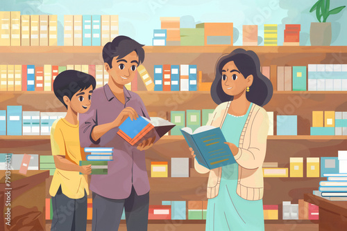 Colorful illustration of a cheerful Indian family browsing and reading books together in a cozy bookstore