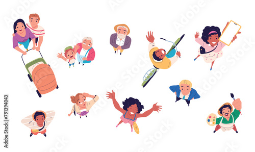 People looks top view. Family looking up, youngful characters indicates hands child multicultural person amazed face look on sky above heads overhead set classy vector illustration