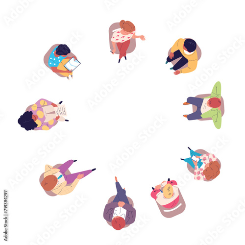 Above sitting circle people. Sit employee corporate group or addiction person club top view, psychological therapy session work team discussion
