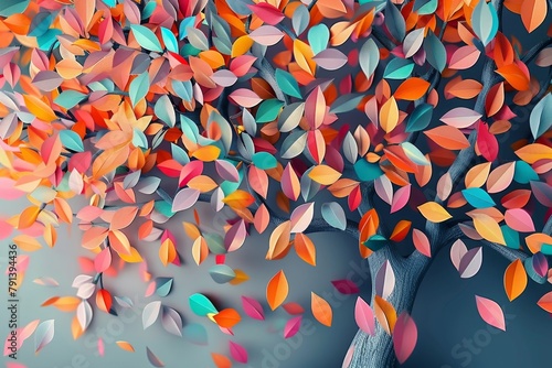 Colorful tree with leaves on hanging branches illustration background. 3d abstraction wallpaper for interior mural wall art decor. Floral tree with multicolor leaves 3d, Generative AI