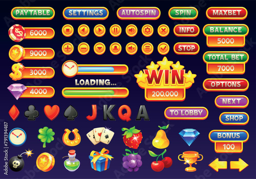 Mobile casino interface. Game slot interface, gambling progressive application digital menu ui icons button header window panel, cartoon poker jackpot neoteric vector illustration