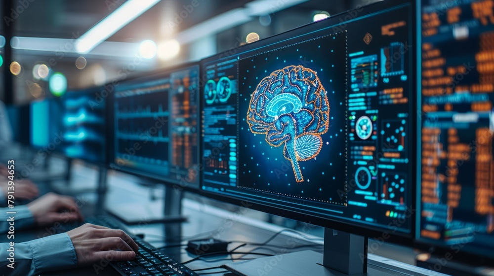 A man is seated in front of a computer monitor displaying an image of a brain A man is seated in front of a computer monitor displaying an image of a brain