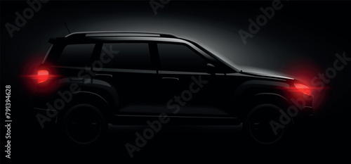 Realistic suv silhouette. Black suvs luxury hide 4x4 car, glow headlight taillights in night dark road adventure auto service abstract drive