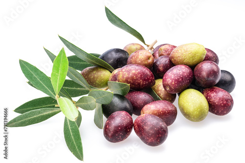 Colorful semi-ripe and ripe olives with olive leaves isolated on white background.
