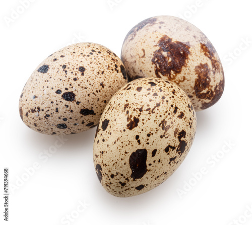 Quail eggs close up on white background. File contains clipping path.
