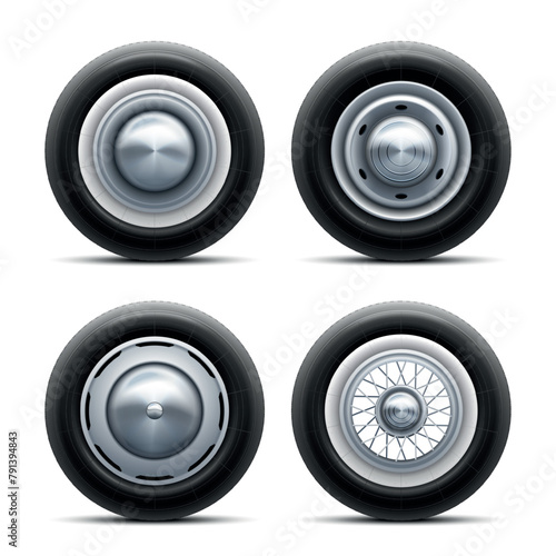 Realistic retro tires. Vintage car wheel with chrome hubcap, old spare wheels tire with disk rim hub of bus or van transport, champion race 3d auto nowaday vector illustration