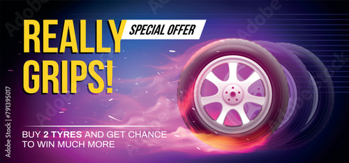 Realistic tires banner. Commercial tyres sale advertising poster, car wheel tire closeup promo billboard for automotive detail store or service garage
