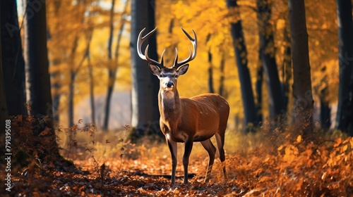 Deer animal near a small river in the middle of the forest in autumn with bright sunlight © Fajar