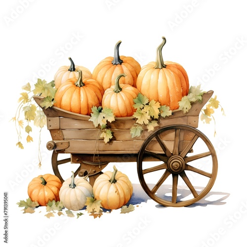 Harvest of pumpkins in a wooden cart. Watercolor illustration.