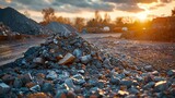 Crushed recycled concrete reduces landfill waste by reclaiming material for new use. Concept Recycled Concrete, Waste Reduction, Landfill Sustainability, Reclaimed Materials, Environmental Impact,