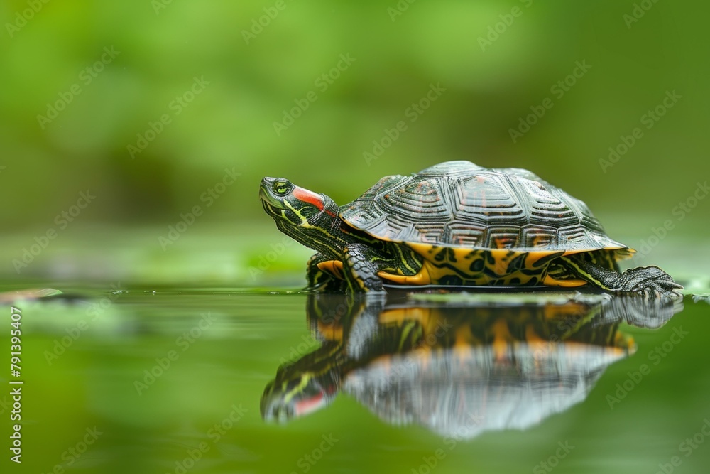 A turtle is sitting on top of a small body of water. AI. A turtle is sitting on top of a small body of water. AI.