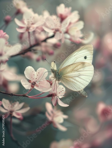 A butterfly perched on a branch of pink flowers with leaves. AI. © serg3d