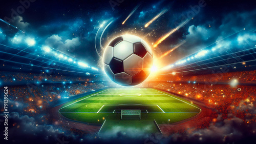 A football on a stadium with flying ball. Sport concept. Banner of soccer game