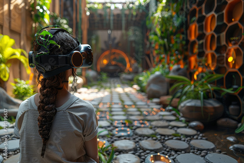 Virtual reality simulations allowing users to experience immersive environments and interact with elements in a simulated world. Concept of VR mockups. Generative Ai.