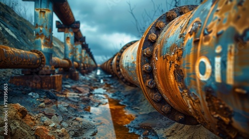 Rusty pipelines run across a muddy terrain under a gloomy sky