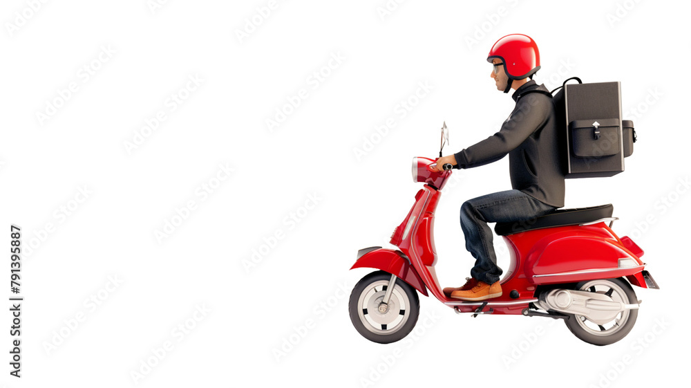 Moto scooter driver with backpack behind back is on his way to deliver food. Courier on scooter delivering food on transparent background.
Moto scooter driver with backpack behind back is on his way to deliver food. Courier on scooter delivering food on transparent background.