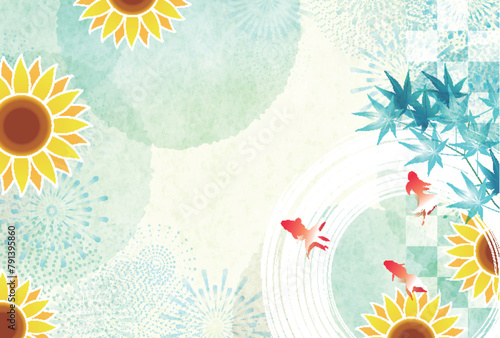 金魚　暑中見舞い　和柄　ひまわり　背景