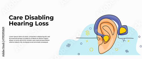 Vector illustration of ear using aids. Modern flat in continuous line style.