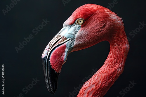 A close-up of a pink and white Flamingo on a black background