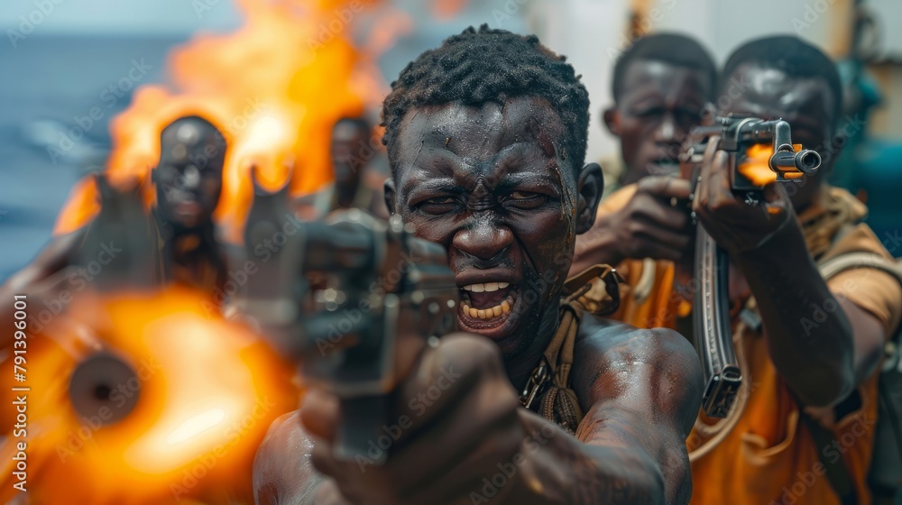 Armed to the teeth, African pirates shout orders on a commandeered vessel, igniting an eerie scene of disorder. Armed to the teeth, African pirates shout orders on a commandeered vessel, igniting an eerie scene of disorder.