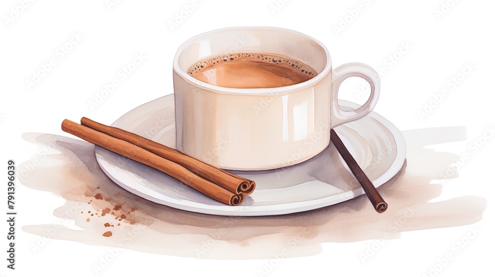 Cup of coffee with cinnamon on white background. Watercolor illustration