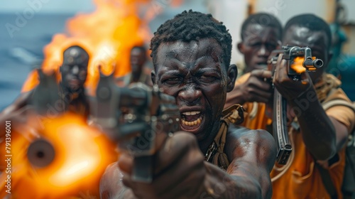 Armed to the teeth, African pirates shout orders on a commandeered vessel, igniting an eerie scene of disorder.
