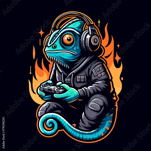 Chameleon as Gamer, Cute Character Mascot Logo Design Concept, Wearing Headphones and Hold Game Controller, Cartoon Clipart Vector illustration concept style for badge sport and esport team.