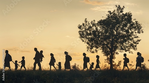 Silhouettes of a multi-generational family walking together during a golden sunset © Dmitry