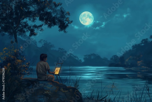 Illustration of an Indian artist painting a serene riverside scene under a full moon
