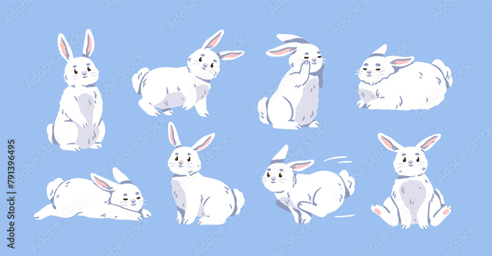 Fototapeta premium Cute bunnies set. Easter rabbit characters. Happy adorable funny kawaii baby animals, hares, jumping, walking, lying, running and sitting poses. Isolated kids childish flat vector illustrations